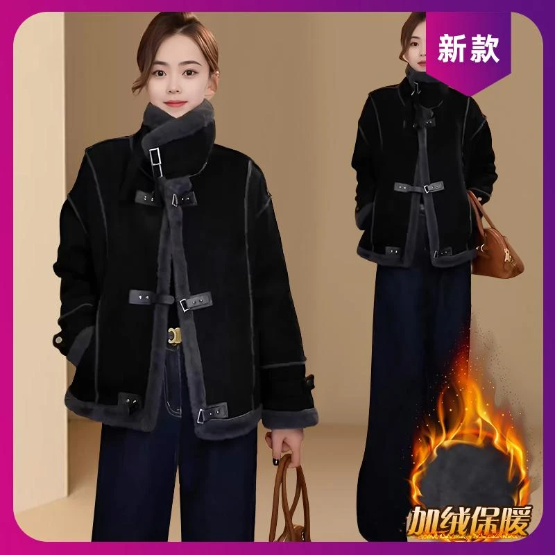 美拉德穿搭皮毛一体外套女2025年秋冬季新款加绒加厚毛毛机车上衣