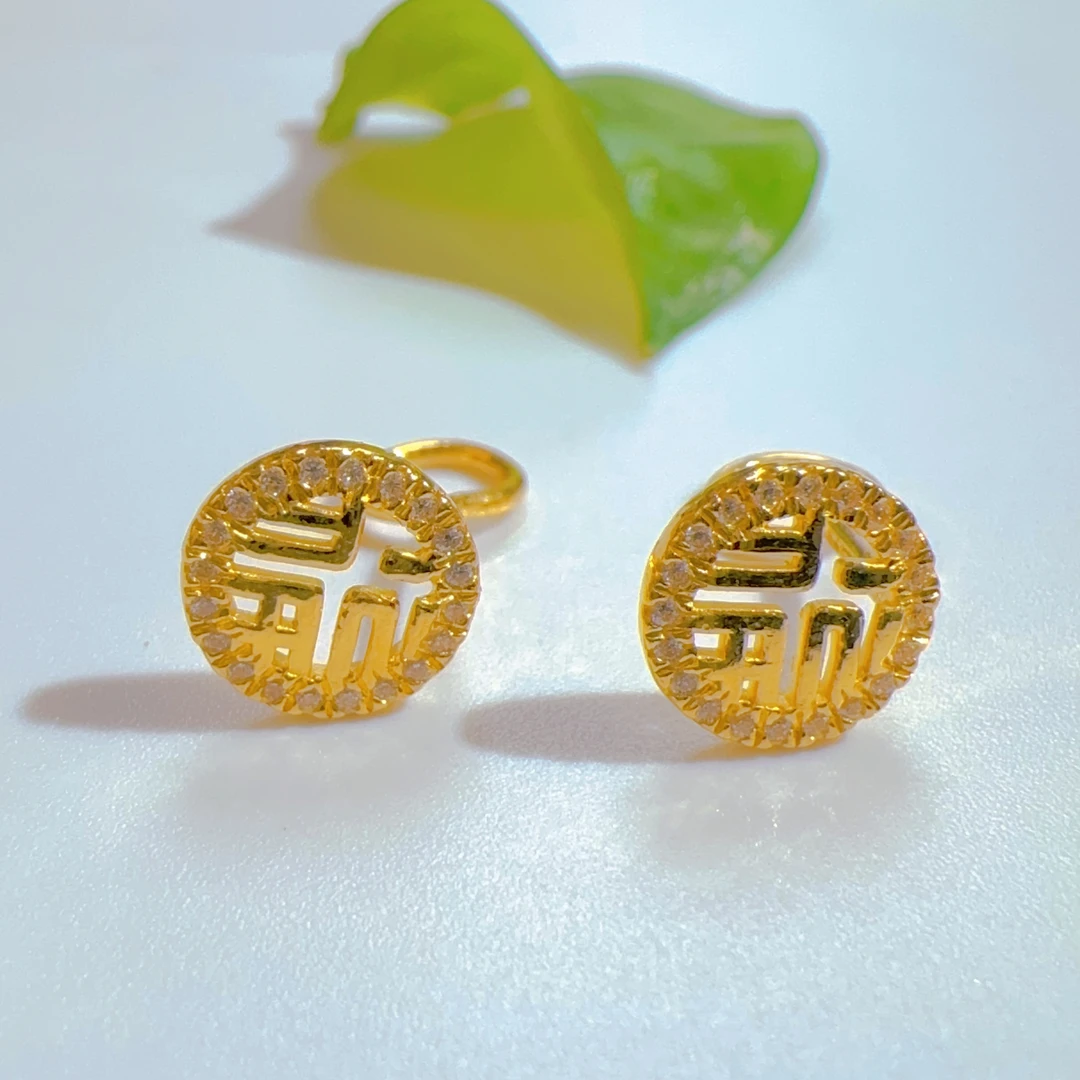 足金999镶嵌合成锆石时尚耳饰2.10g