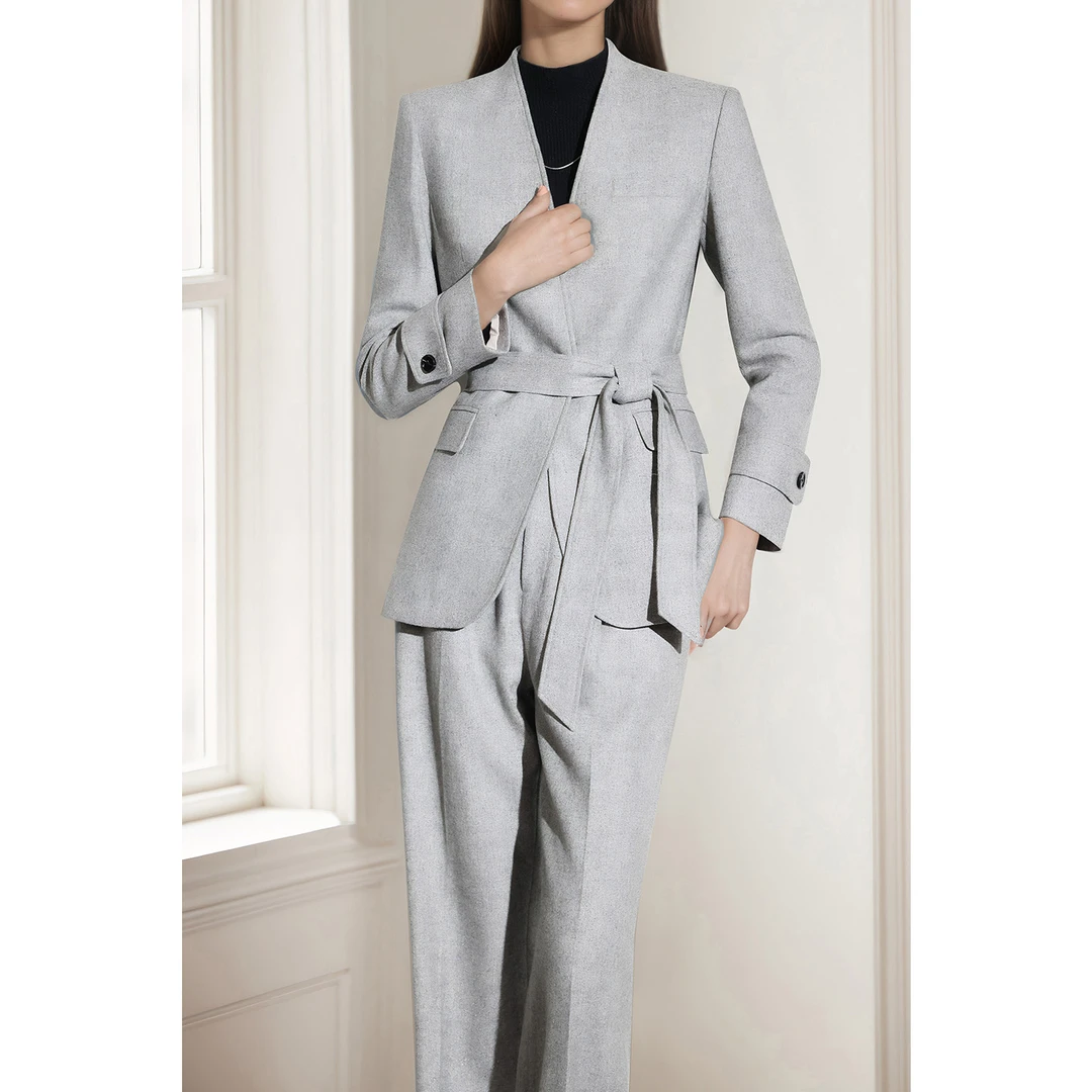 毛呢西装套装女秋冬季新款无领加厚西服外套素雅通勤美容师工作服