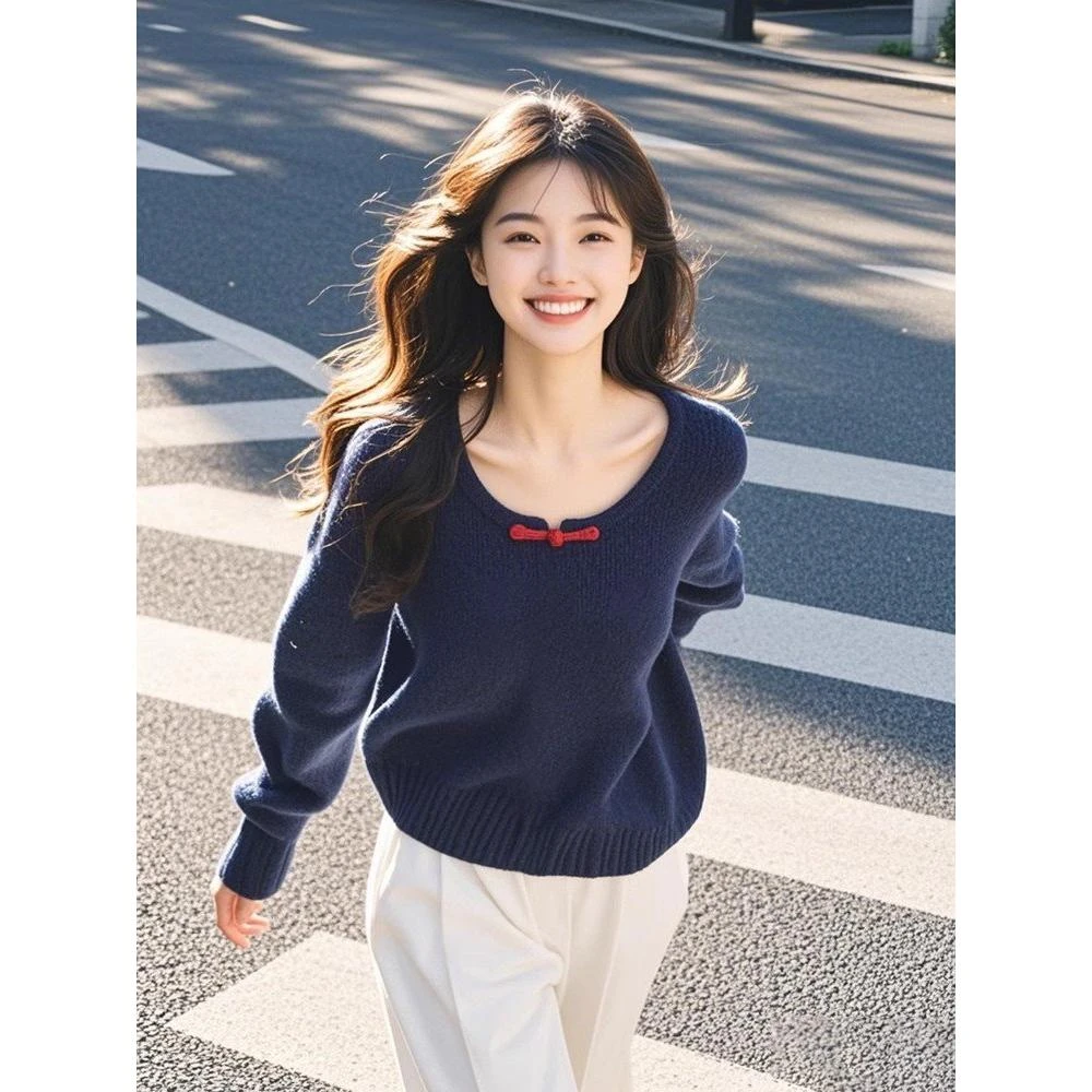 SS308小个子藏蓝色刺绣毛衣女新款设计感小众卡通宽松显白上衣