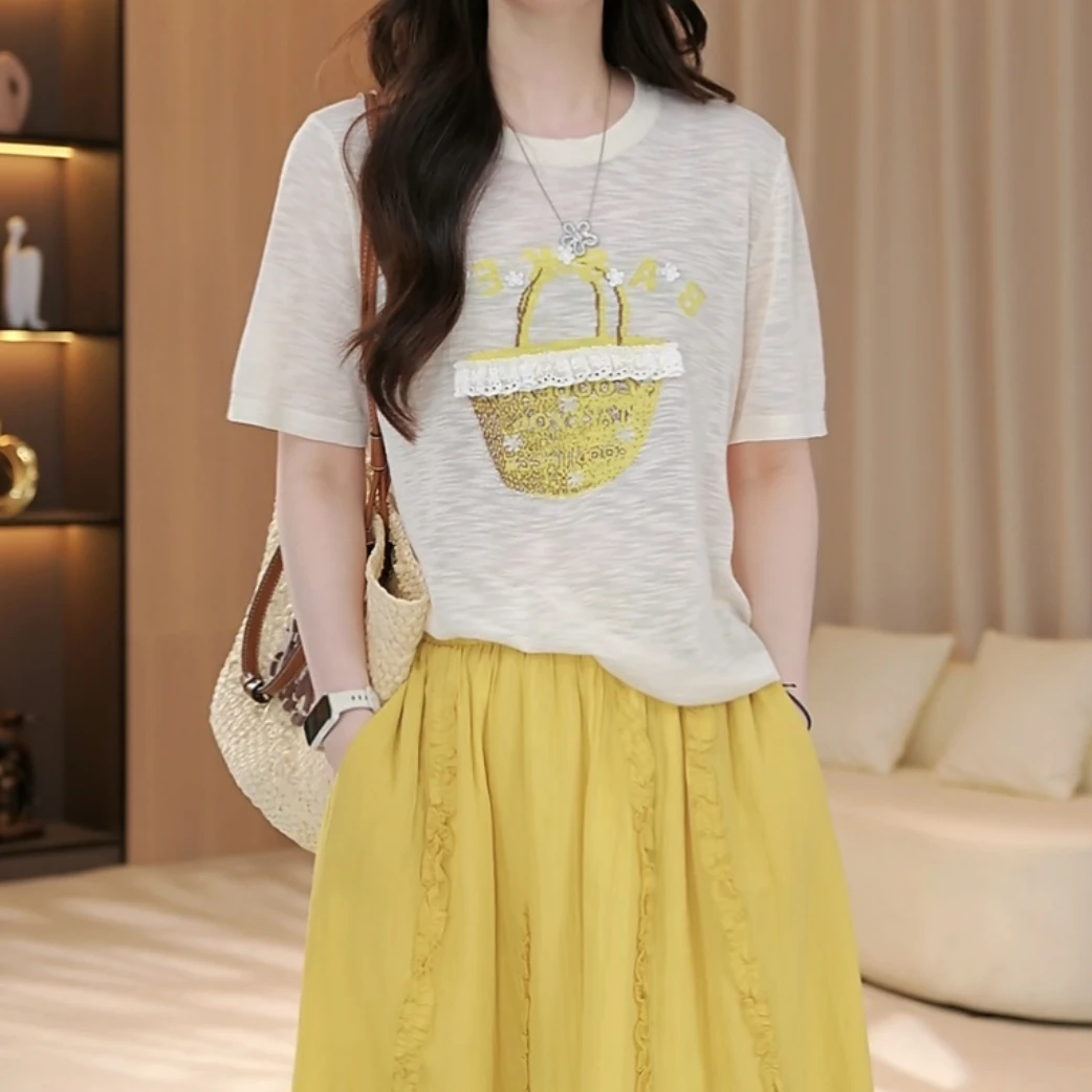 设计感时尚吸湿排汗圆领T恤上衣2025夏季新款气质显瘦休闲毛织T女