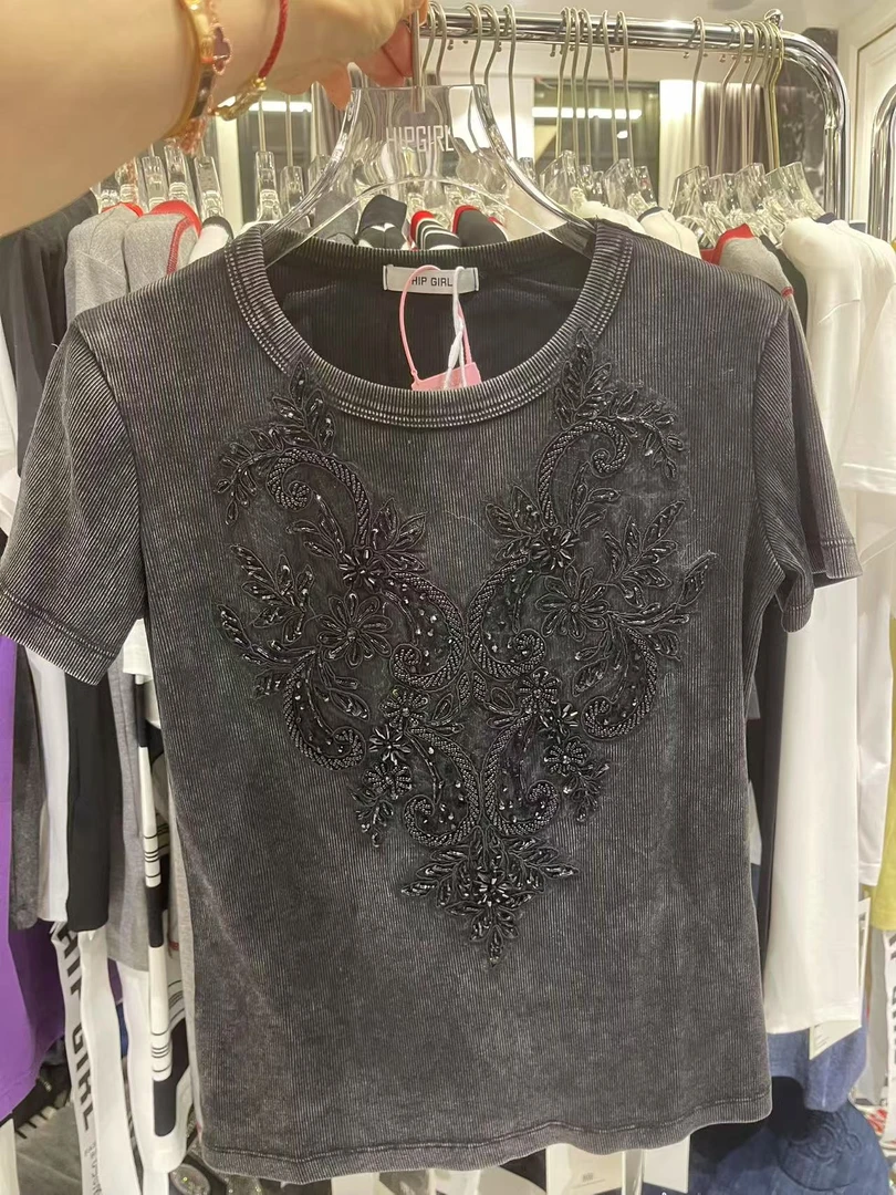 【W1009深灰色高定手绣】T恤2025年新款包嫂夏季女装百搭