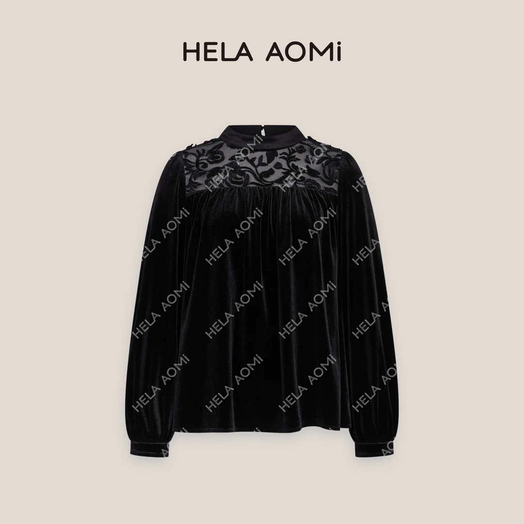 HELA AOMI“刺绣丝绒”法式浪漫减龄蕾丝雕花拼接长袖衬衫