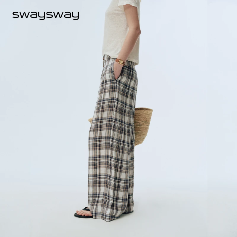 swaysway“悠长假期”格纹亚麻阔腿慵懒宽松度假感中低腰休闲长裤