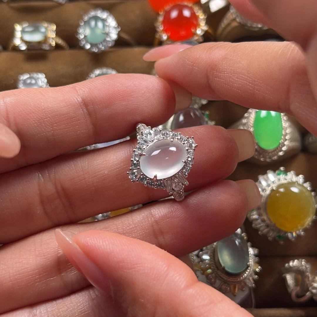 翡翠戒指银S925镶嵌缅甸翡翠天然翡翠