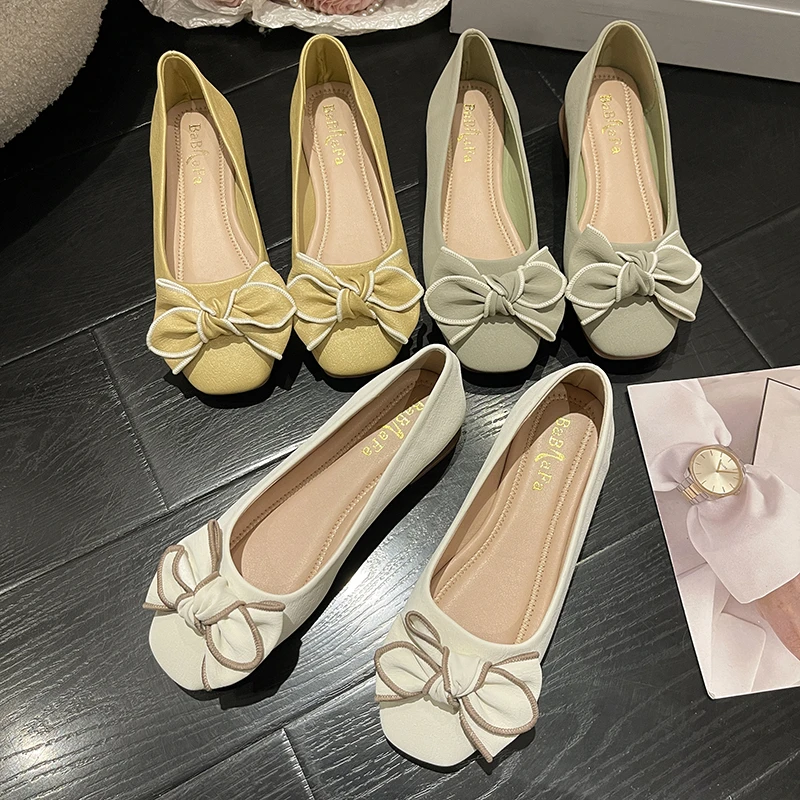 高品质牛筋软底单鞋女粗跟新款百搭脚蹬浅口瓢鞋蝴蝶结平底单鞋