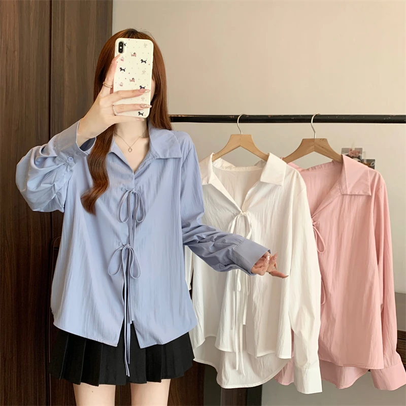 2025春夏季新款显瘦设计感宽松抽绳加宽长袖上衣衬衫