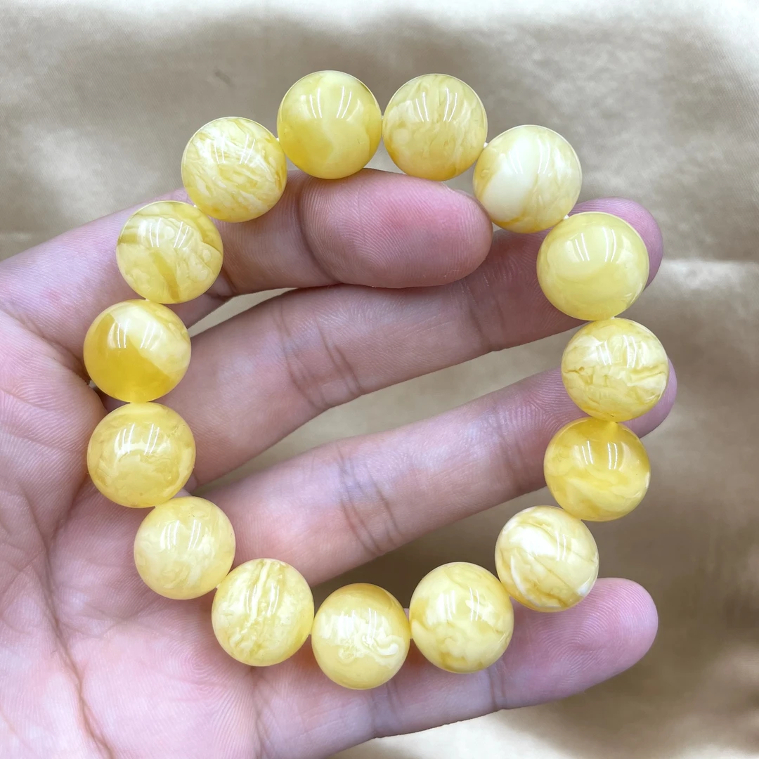 原矿俄料蜜蜡圆珠手串同料满蜡妖白花小妖孽器型饱满尺寸14+