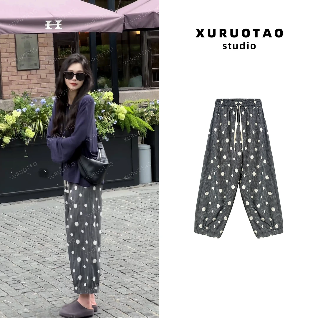 XURUOTAO 【刺绣波点裤】亚麻白色波点设计显瘦灰色休闲裤 T5478