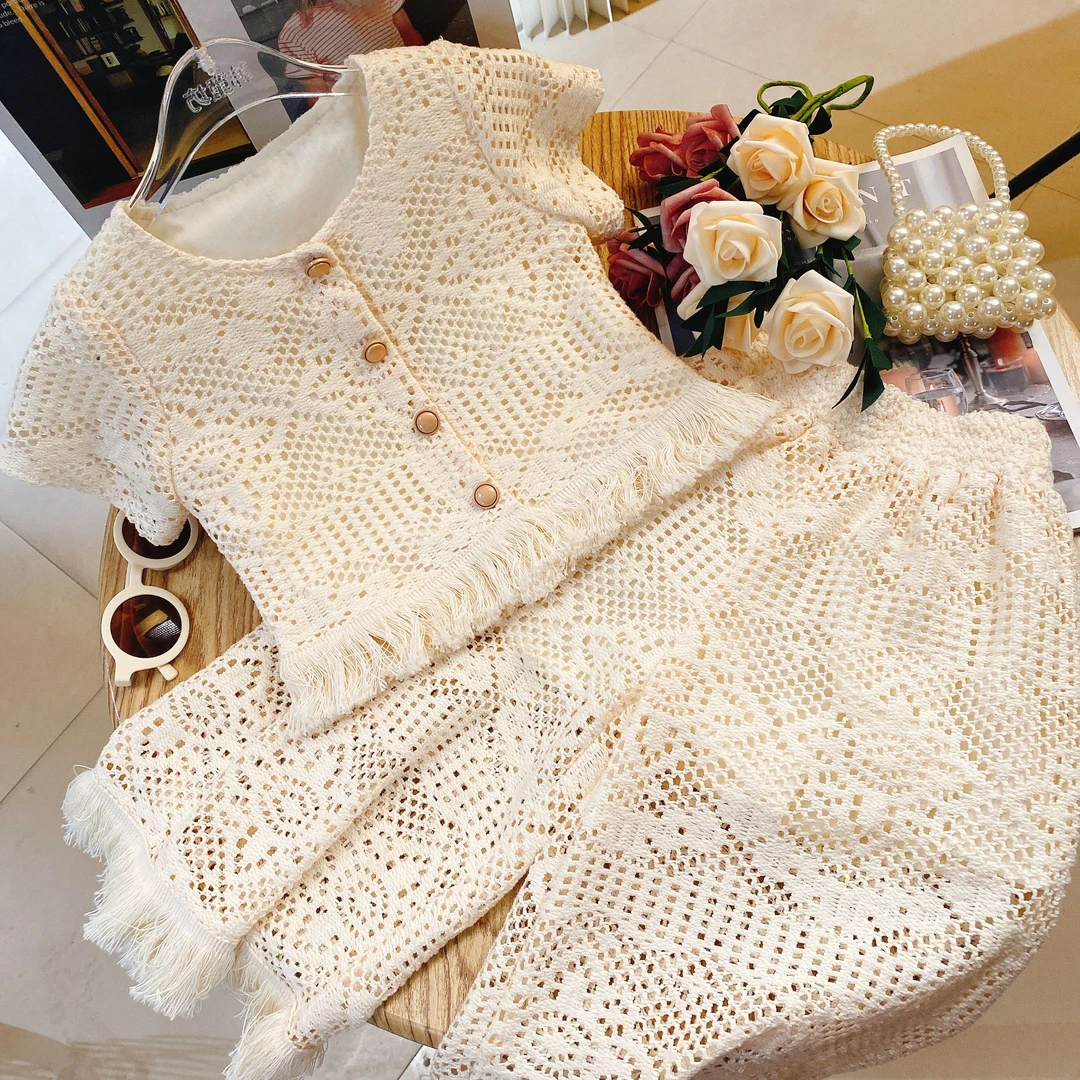 M夏季女宝薄款套装 针织短袖上衣个性长裤两件套8215