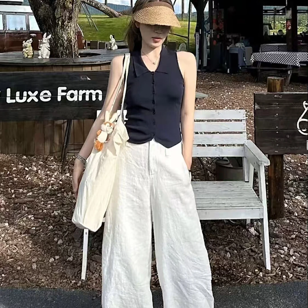 法式polo翻领无袖背心女夏季外穿修身独特别致上衣百搭阔腿长裤子