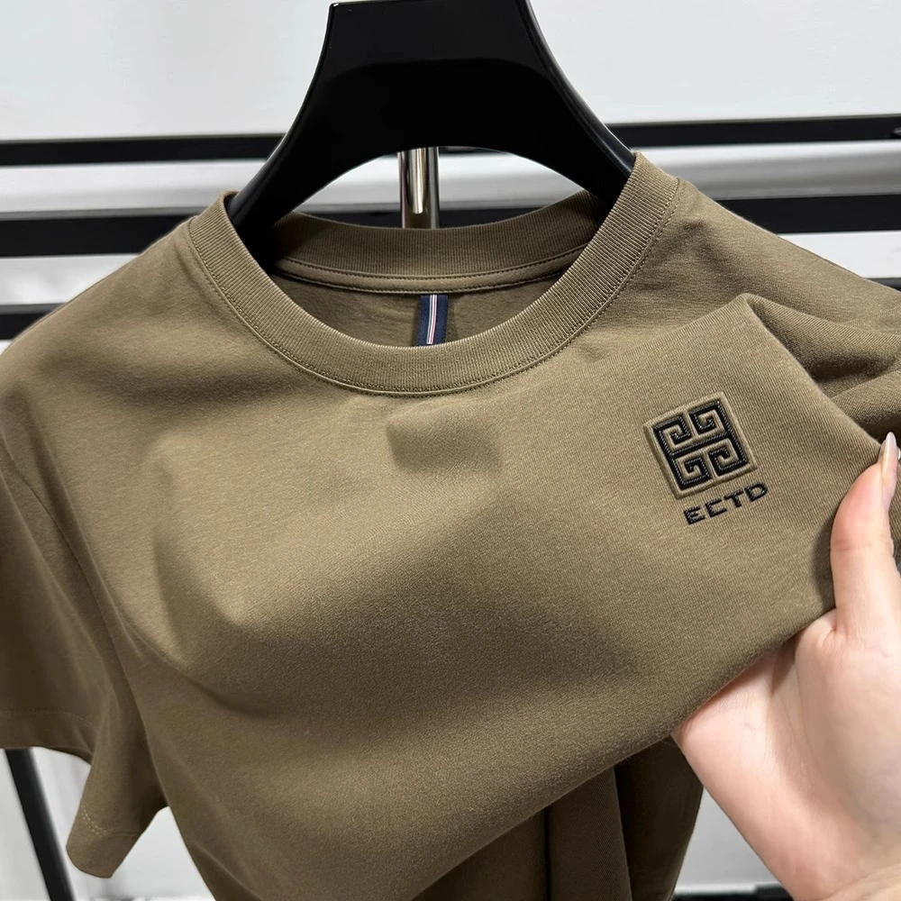 VIATEMSIARY重磅100%纯棉短袖t恤男士夏季新款潮流烫印纯色体恤衫