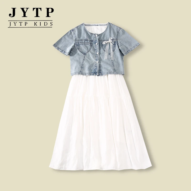 夏季新款中国风女童连衣裙+牛仔外套两件套甜美潮zb5563简约童品