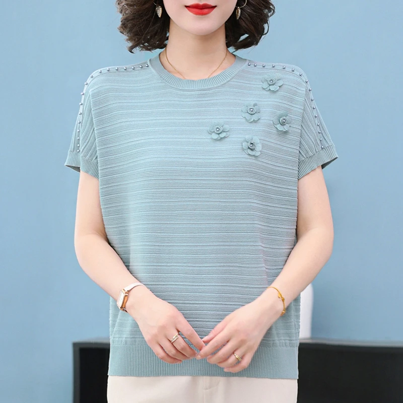 钉珠时尚宽松型中老年女装冰丝针织衫女装休闲休闲夏季T恤妈妈装