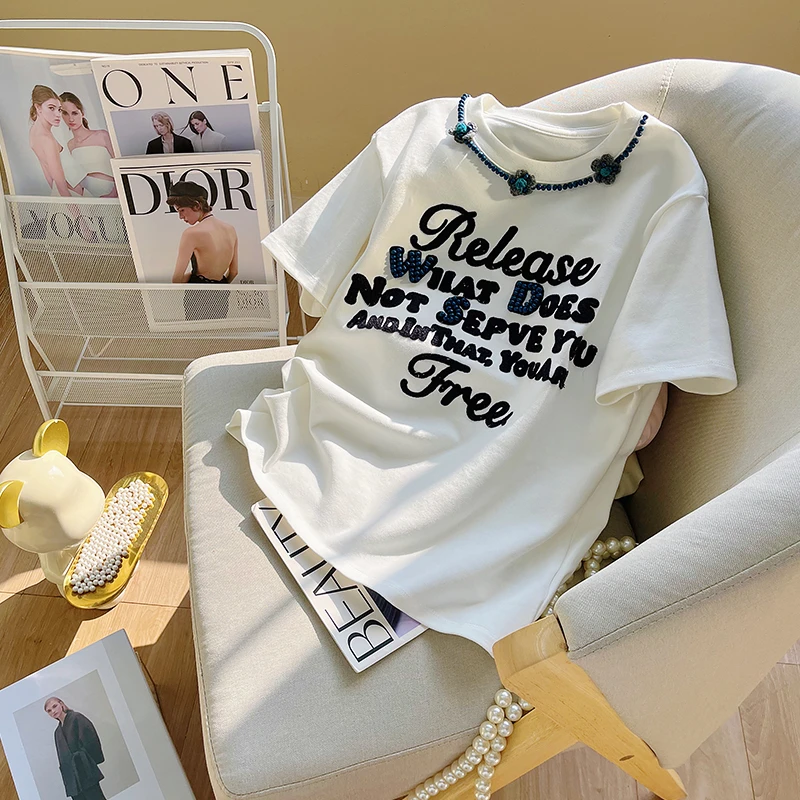 早春加厚磨毛正肩短袖t恤女重工钉珠刺绣爆款时尚小个子显瘦上衣