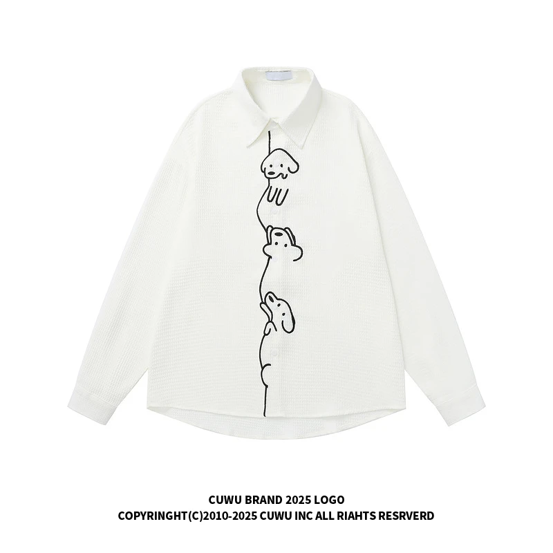 cuwu趣味小狗刺绣长袖衬衫女男秋季新款宽松休闲百搭情侣衬衣ins