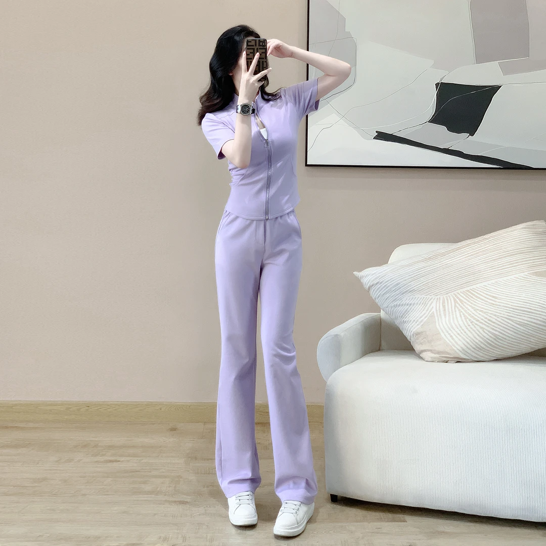 休闲运动套装女夏新款洋气短袖显瘦夏季微喇垂感时尚修身两件套