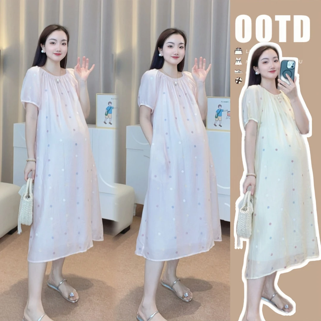 【橙子】孕妇夏装印花碎花雪纺大码中长款方领宽松显瘦孕妇连衣裙