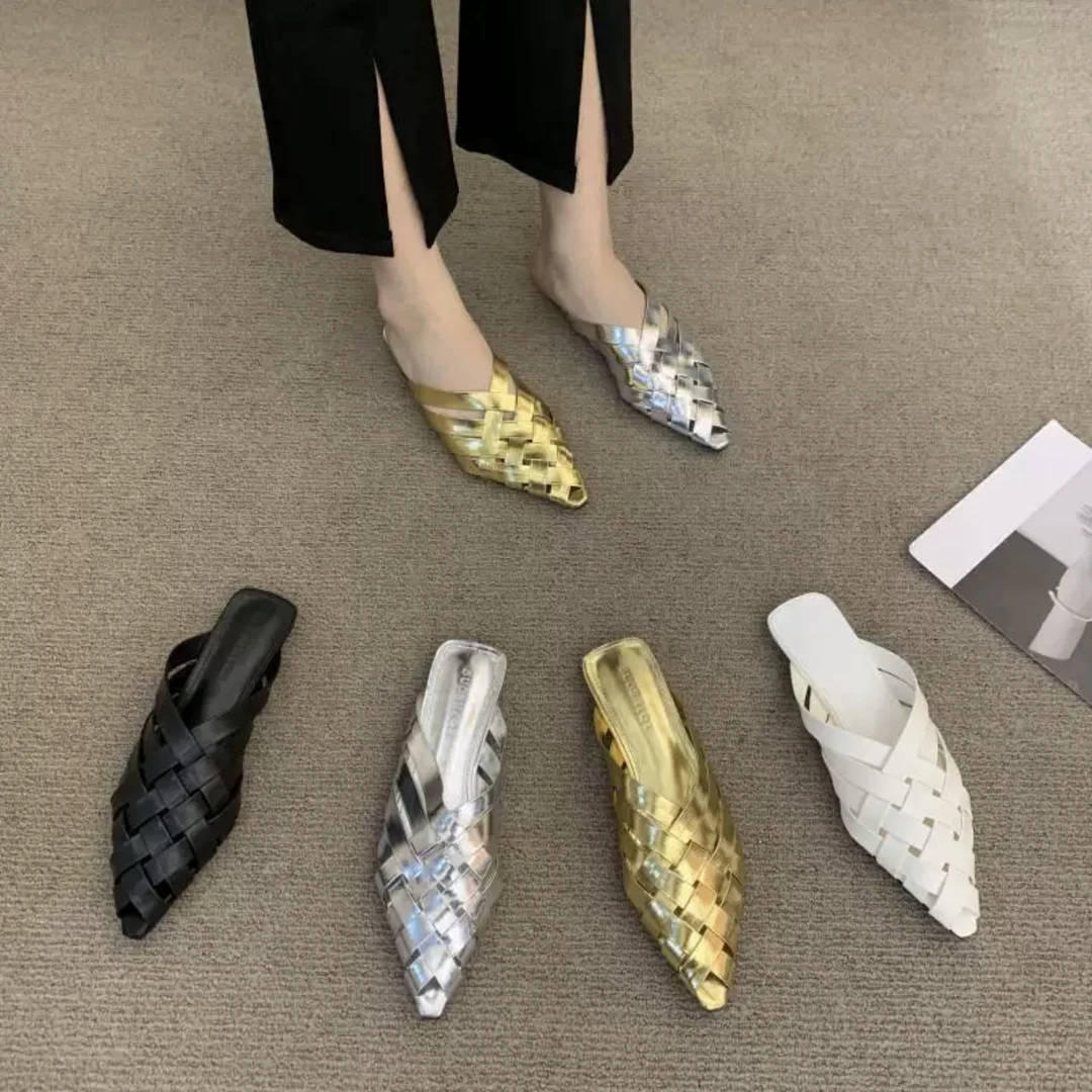 迷人千金~坡跟内增高镂空包头凉拖女外穿粗跟真皮编织时尚半拖鞋