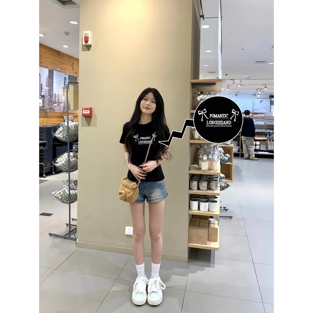 黑色蝴蝶结夏季纯棉ins正肩新款辣妹韩版百搭短袖T恤修身上衣女潮