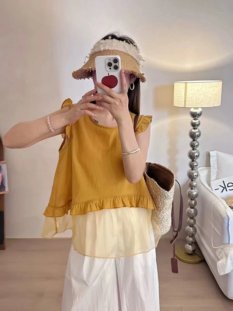 欧版设计感小飞袖薄款衬衫夏季宽松显瘦假两件拼接上衣