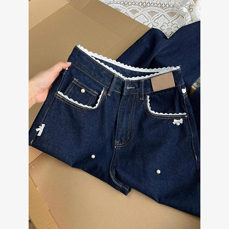 蕾丝花边珍珠重工牛仔裤女春秋季2025新款慵懒松弛感直筒阔腿裤子