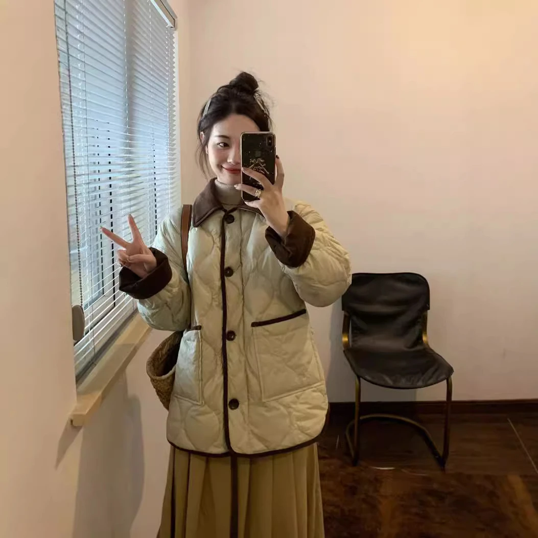 2025新款棉服女韩系短款撞色潮设计翻领撞色菱格冬季外套轻薄显瘦