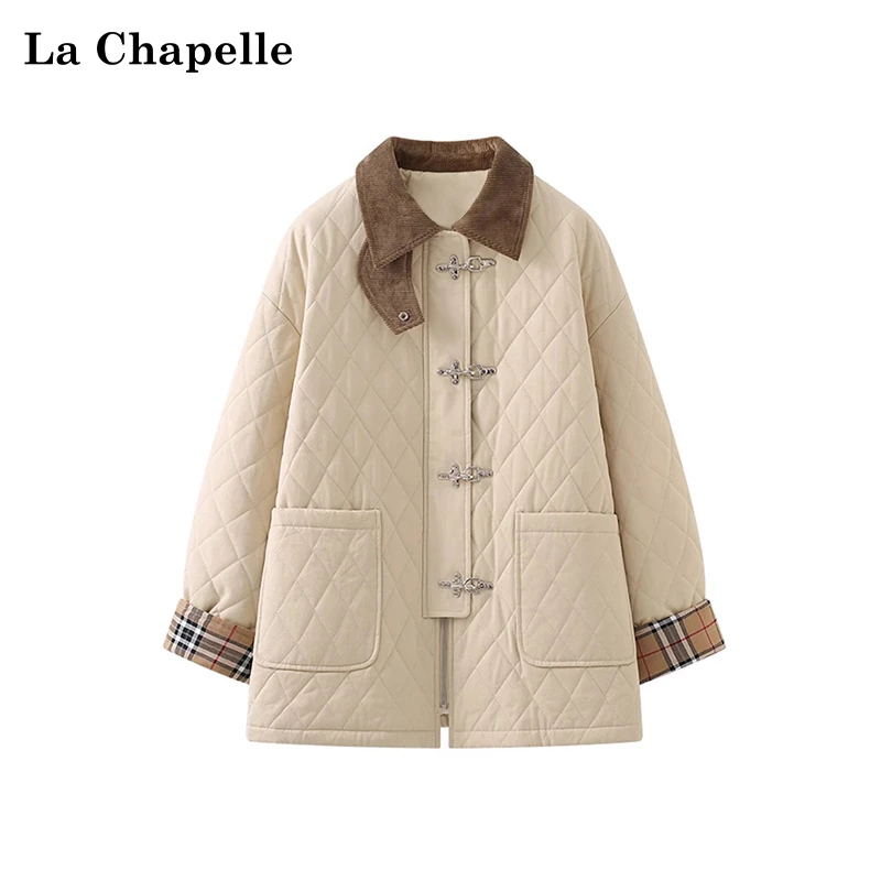 拉夏贝尔黑色春季新款灯芯绒翻领拼接菱格加厚棉服外套女高级时尚