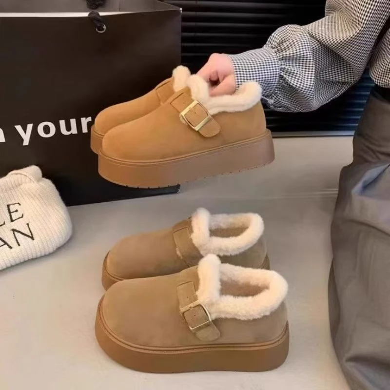时尚厚底雪地靴2025秋冬季新款豆豆乐福鞋加绒勃肯鞋加厚毛毛棉鞋