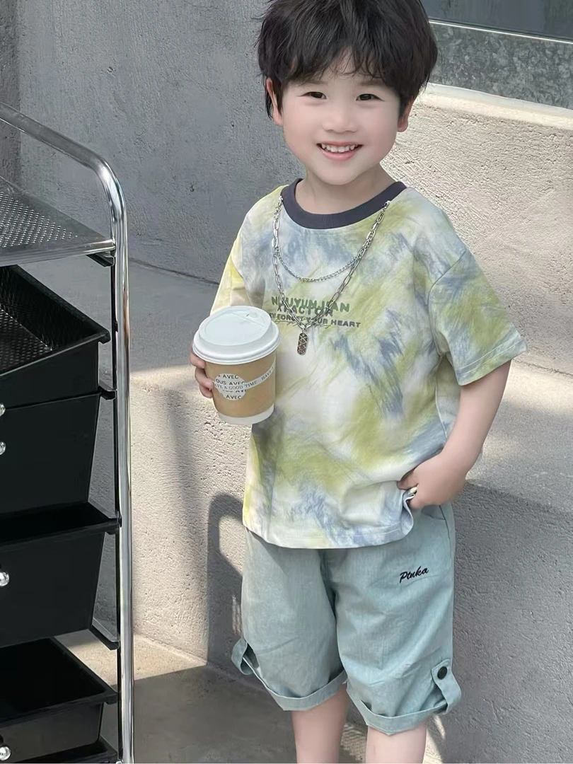 夏季洋气时髦儿童套装扎染薄款T恤短裤男童装