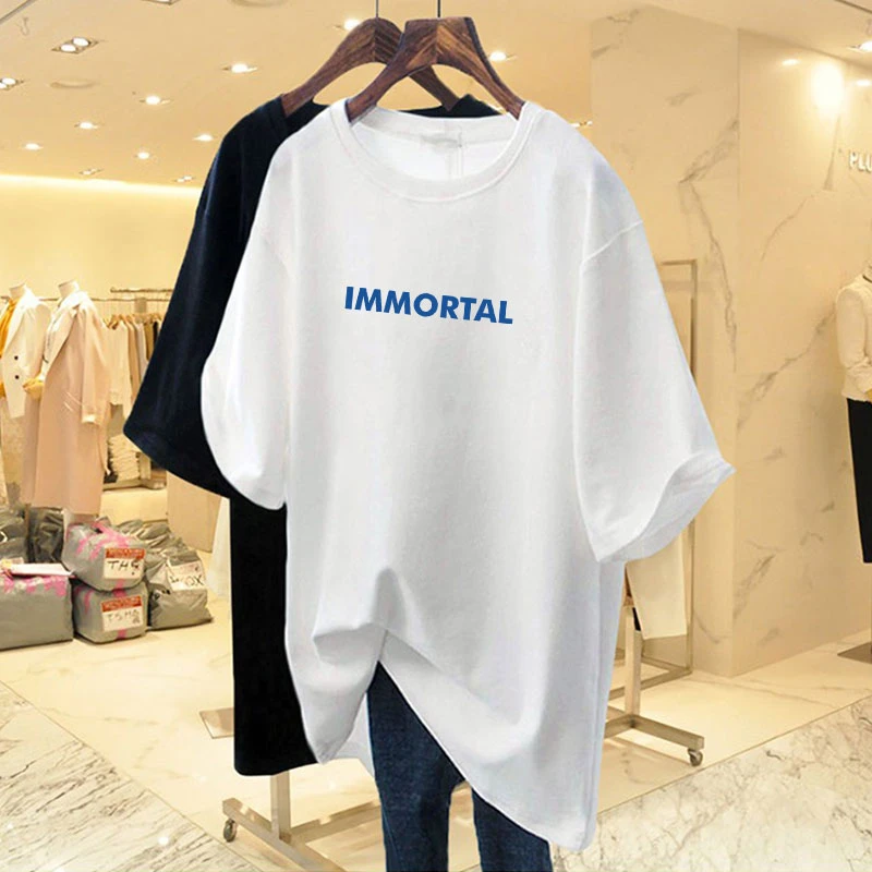 大码宽松白色中长款2025年夏季欧货大版纯棉短袖t恤女慵懒风上衣