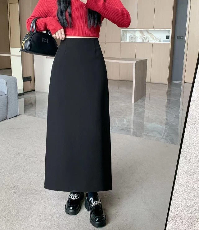 新款韩系黑色西装半身裙女长款高腰a字垂感直筒后开叉一步包臀裙
