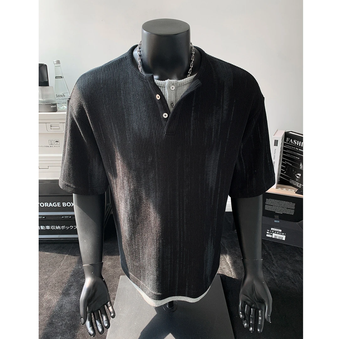 肌理感提花亨利领t恤男夏季花灰色正肩短袖高级感痞帅半袖亨利衫