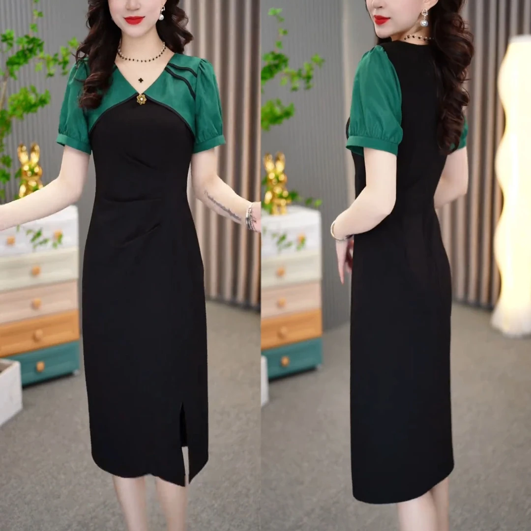 时尚法式短袖连衣裙女2025夏季新款气质收腰显瘦雪纺拼接过膝裙子