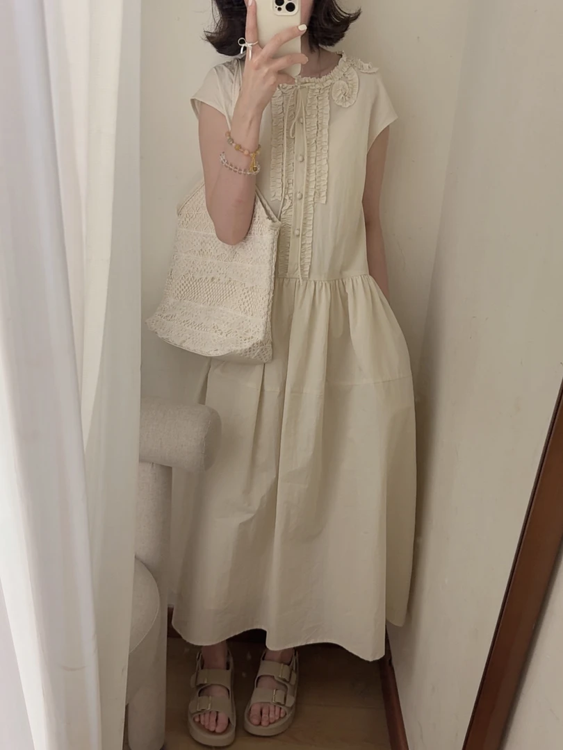 夏季法式复古碎褶花边宽松A字无袖高腰连衣裙女