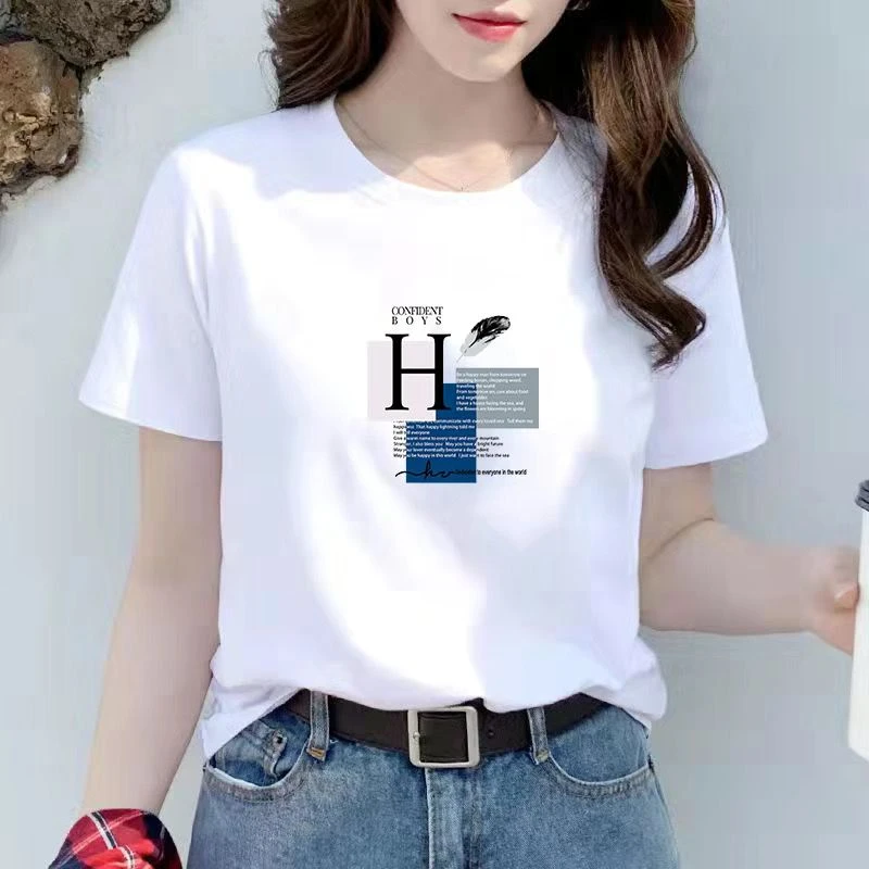 白色纯棉t恤女圆领夏季2025新款时尚休闲印花宽松T恤百搭体恤上衣