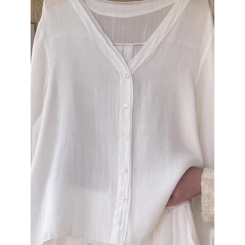 舒服到心坎了！高级感V领长袖衬衫女夏韩版宽松衬衣轻薄防晒衣上衣