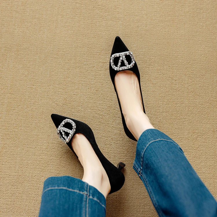 7cm~法式尖头单鞋女2025新款真皮浅口水钻气质优雅配裙子高跟鞋女