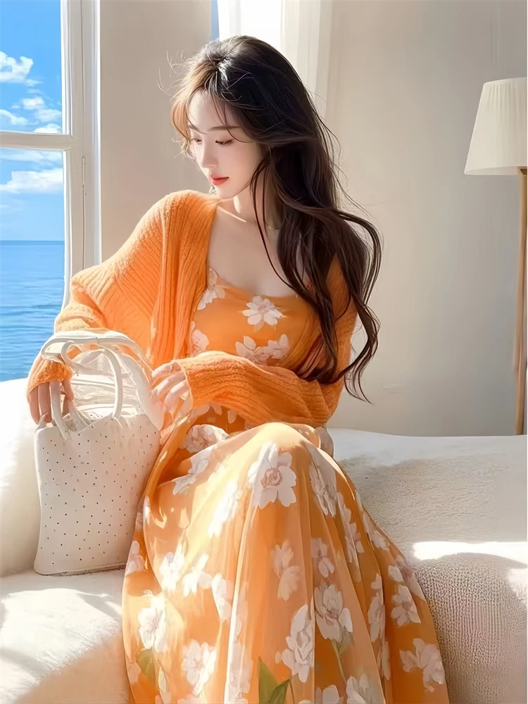 2025春季新款韩系穿搭高级感针织开衫法式桔梗橘色碎花连衣裙套装