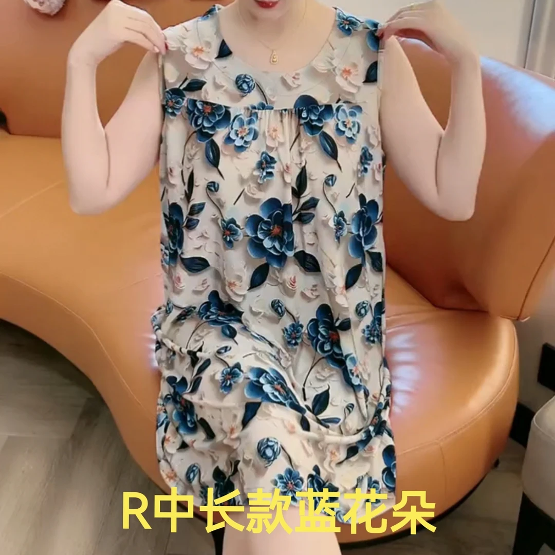 夏季薄款大码显瘦印花无袖宽松舒适百搭砍袖拼接中长款妈妈装睡裙