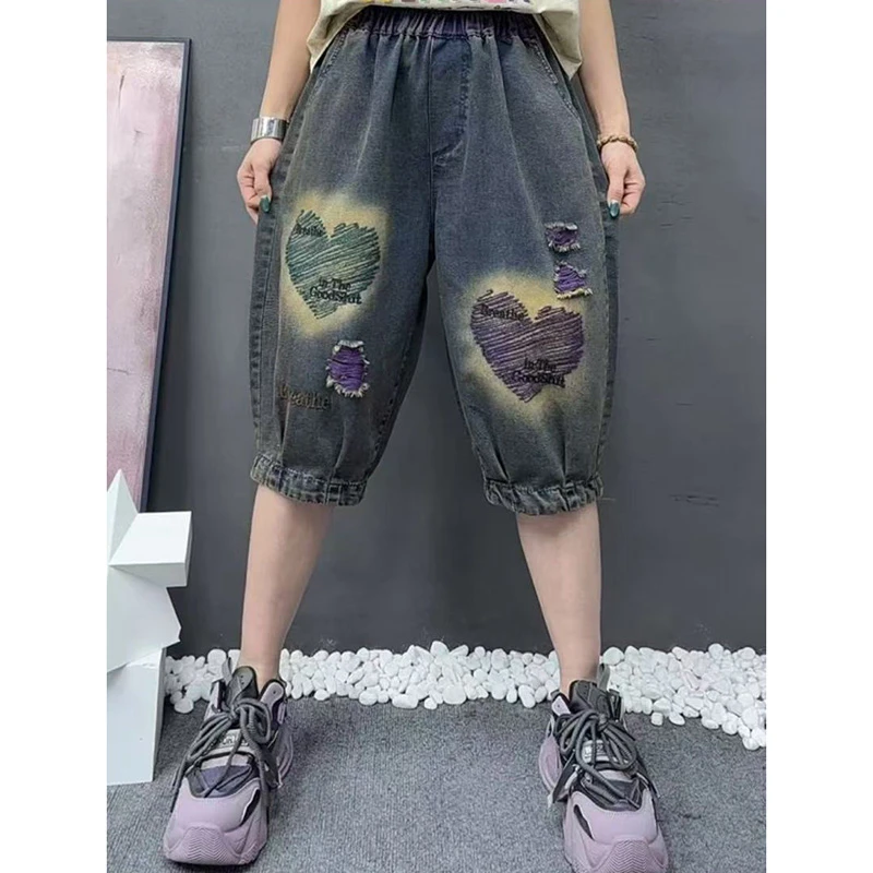 夏季薄款爱心牛仔裤时尚休闲宽松显瘦哈伦裤百搭中裤六分裤ZM