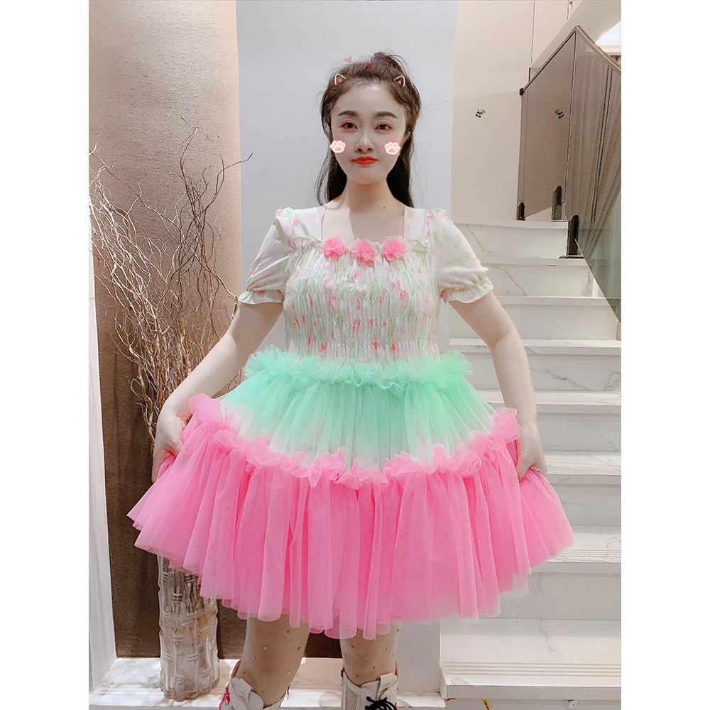 设计师款短袖小衫拼接网纱连衣裙蓬蓬裙女