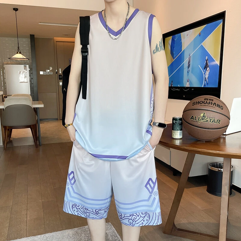夏季新款休闲运动套装男大学生套装印花速干青少年短裤背心一整套