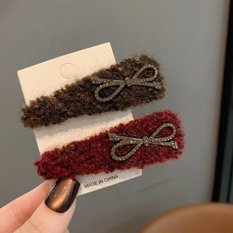 秋冬毛线蝴蝶结镶钻掰掰夹八字刘海侧边夹高级感复古bb夹碎发夹女