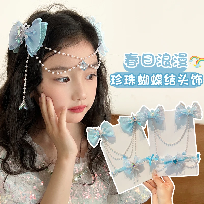 蝴蝶结珠珠流苏发夹额头链女孩甜美公主风头饰
