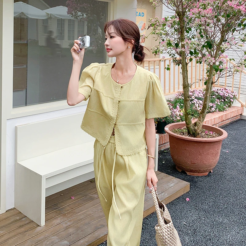 温柔系穿搭超好看显瘦上衣时尚套装女夏季新款轻薄气质长裤两件套