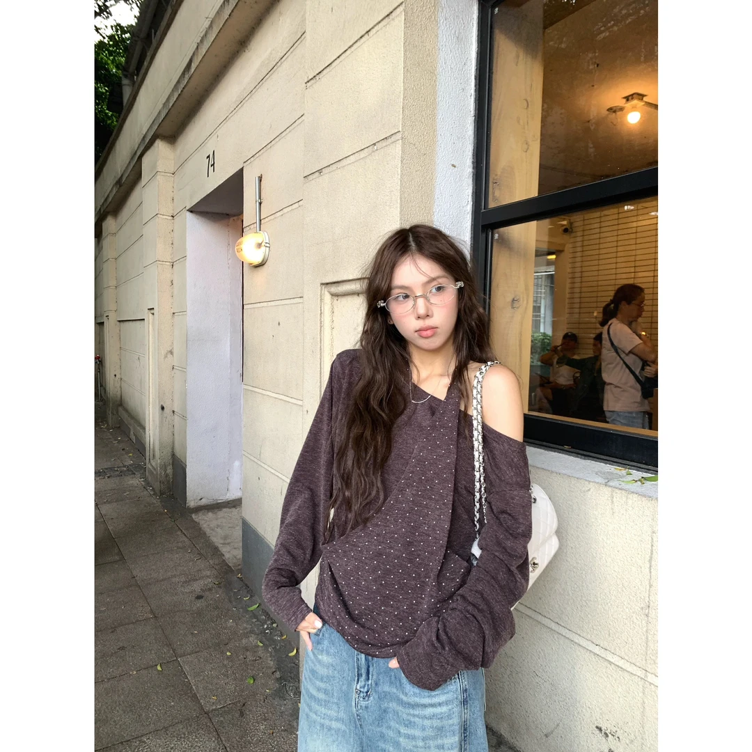 (运补6)新款小众设计感假两件波点拼接露肩上衣针织衫长袖T恤