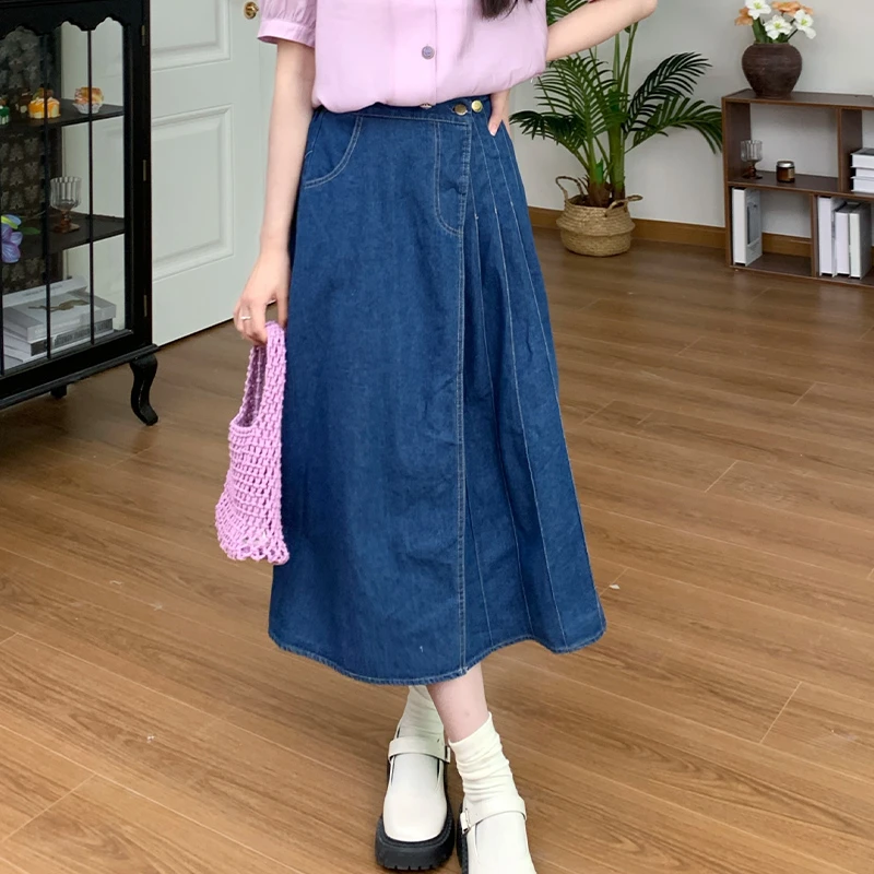 法式高腰牛仔半身裙女梨形身材遮胯裙子a字长裙