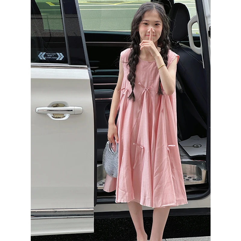 K29203 甜美蝴蝶结女童无袖连衣裙2025新款夏装洋气儿童裙子A字裙