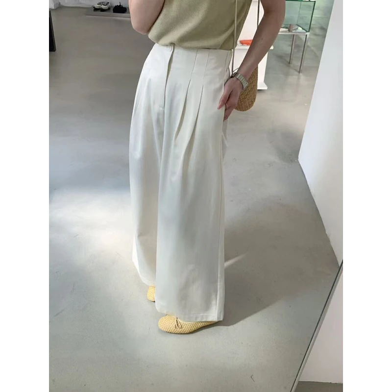 （6-8运贴）韩系高腰压褶一粒扣直筒休闲裤春夏简约通勤显瘦阔腿